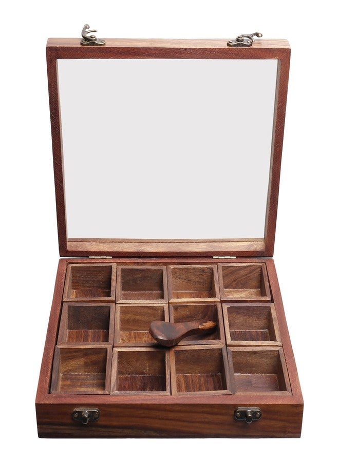 Pick End Now Spice/Masala Box with Lid - 12 Containers in Sheesham Wood | Product Dimensions - 10.2x8x2 Inch, Weight - 800Gm - Image 1